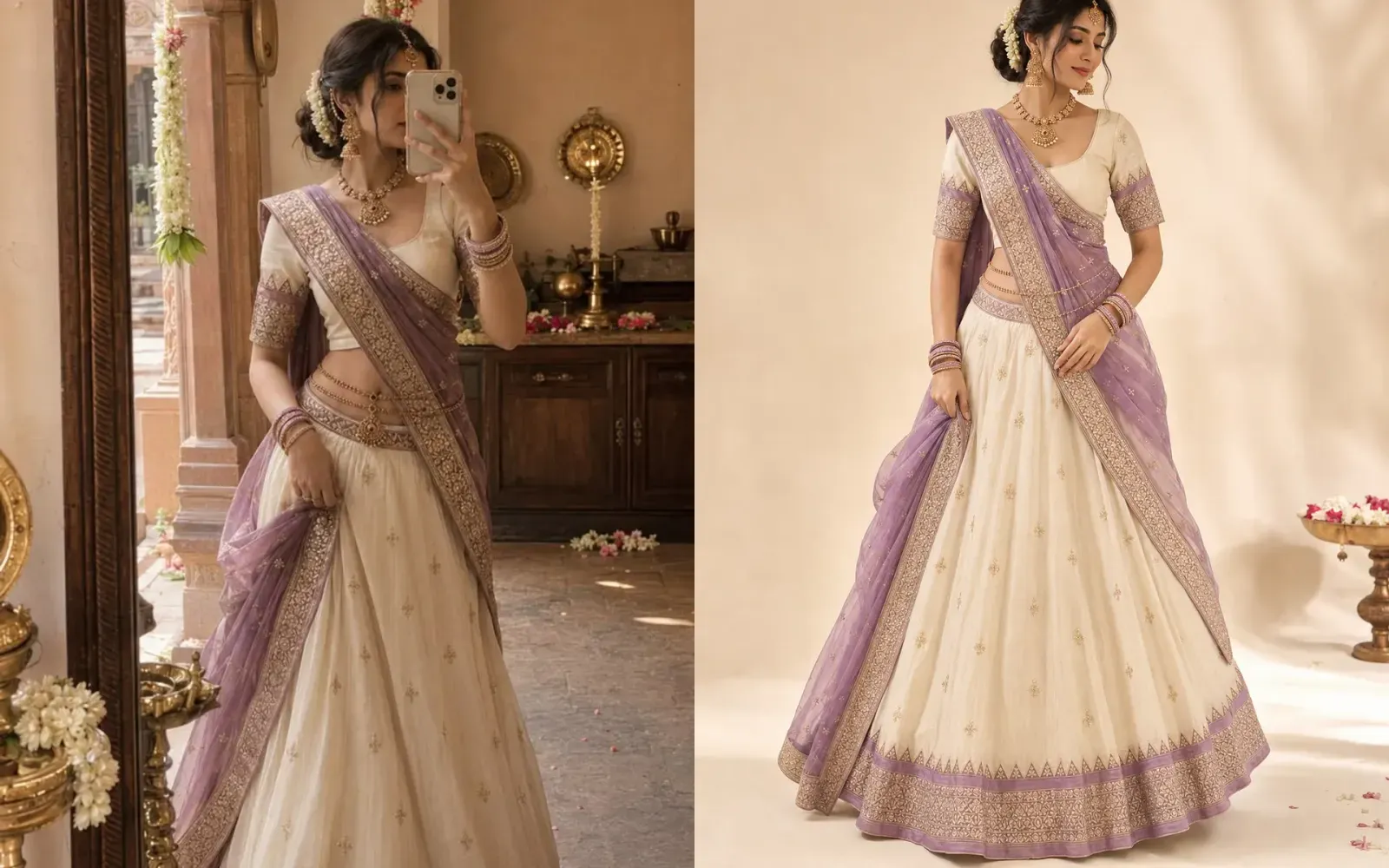 A mirror selfie of a lehenga on the left and the same lehenga in a studio scene on the right, generated sample