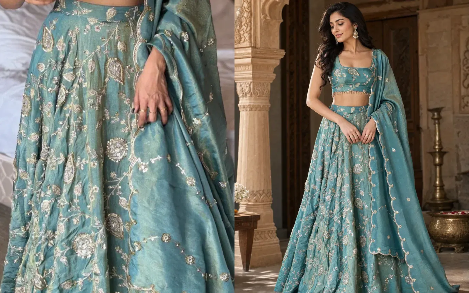 The same teal lehenga as a phone photo on the left and on a model on the right, generated sample