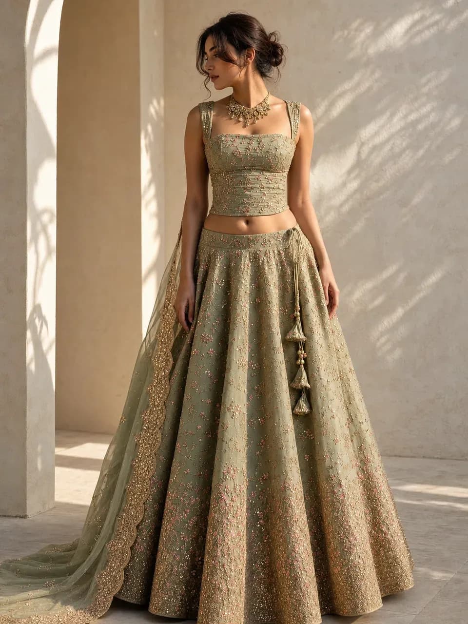 A sage embroidered lehenga on a model in soft editorial light, generated sample