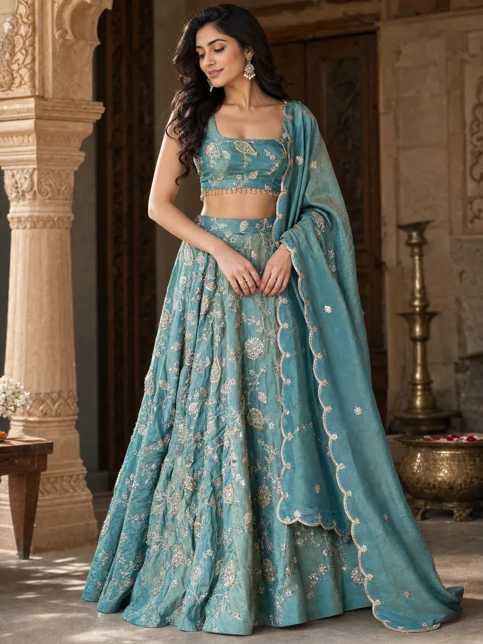 A teal paisley lehenga shown on a model in a heritage courtyard, generated sample