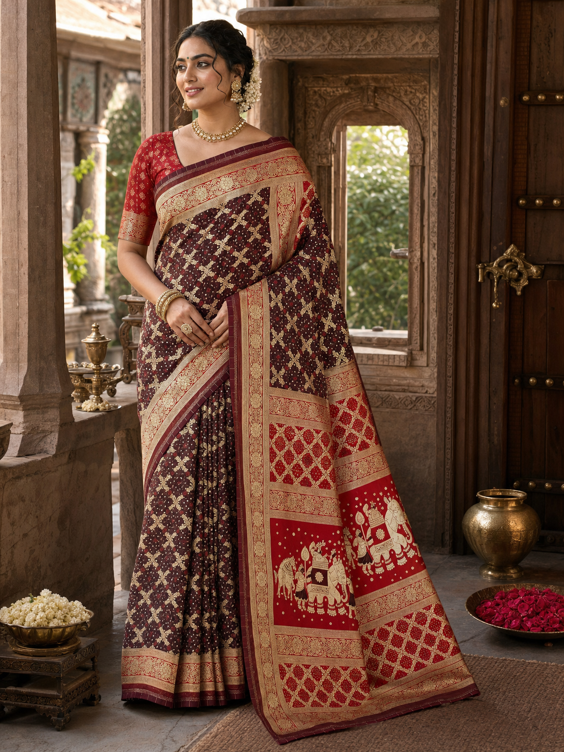 WhatsApp Image 2026-09-23 at 18.34.19 (1) · maroon body with gold border and red elephant pallu by playfractal