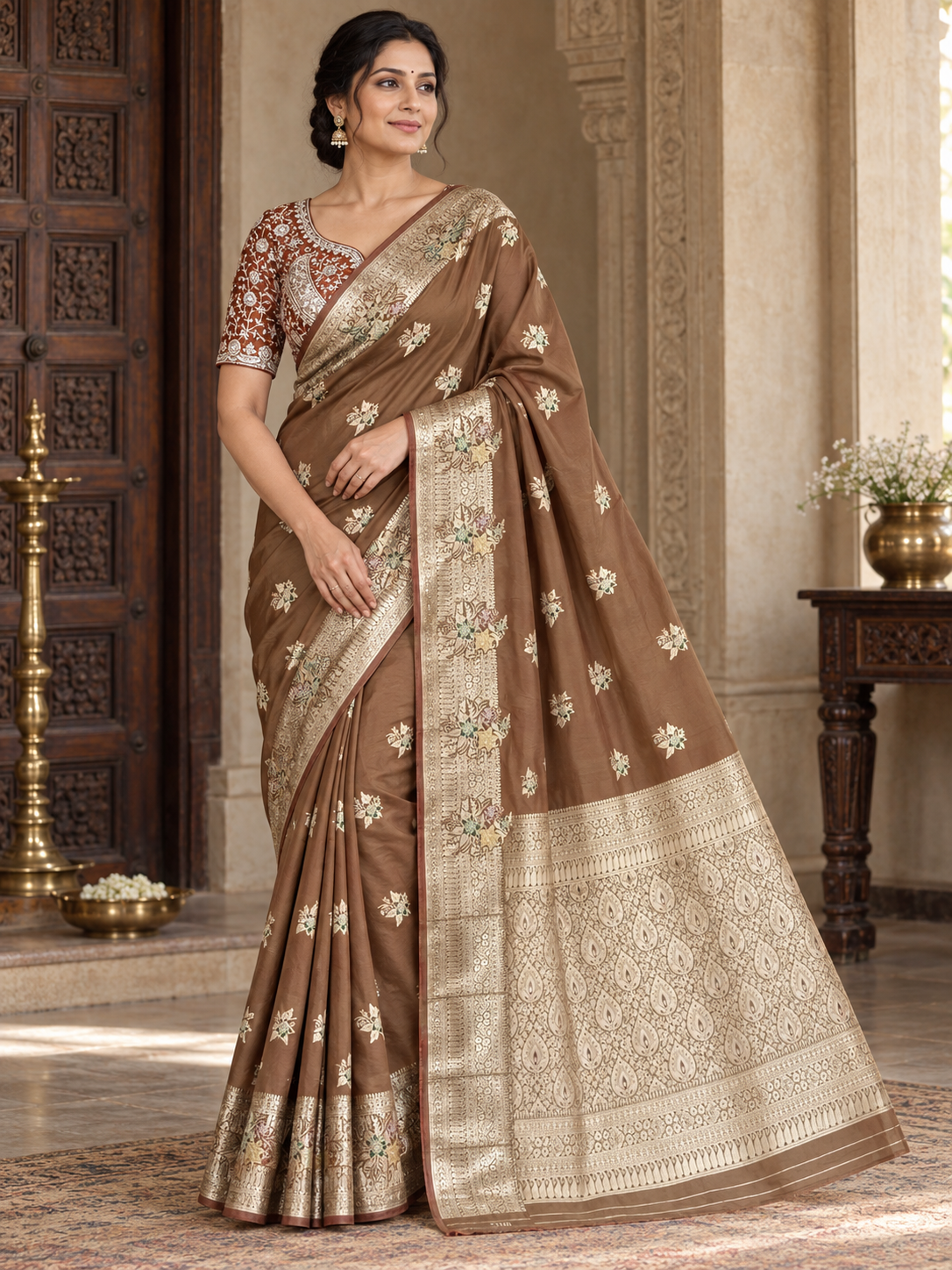 WhatsApp Image 2026-09-23 at 18.39.41 (2) · Brown saree with gold pallu and embroidered blouse by playfractal